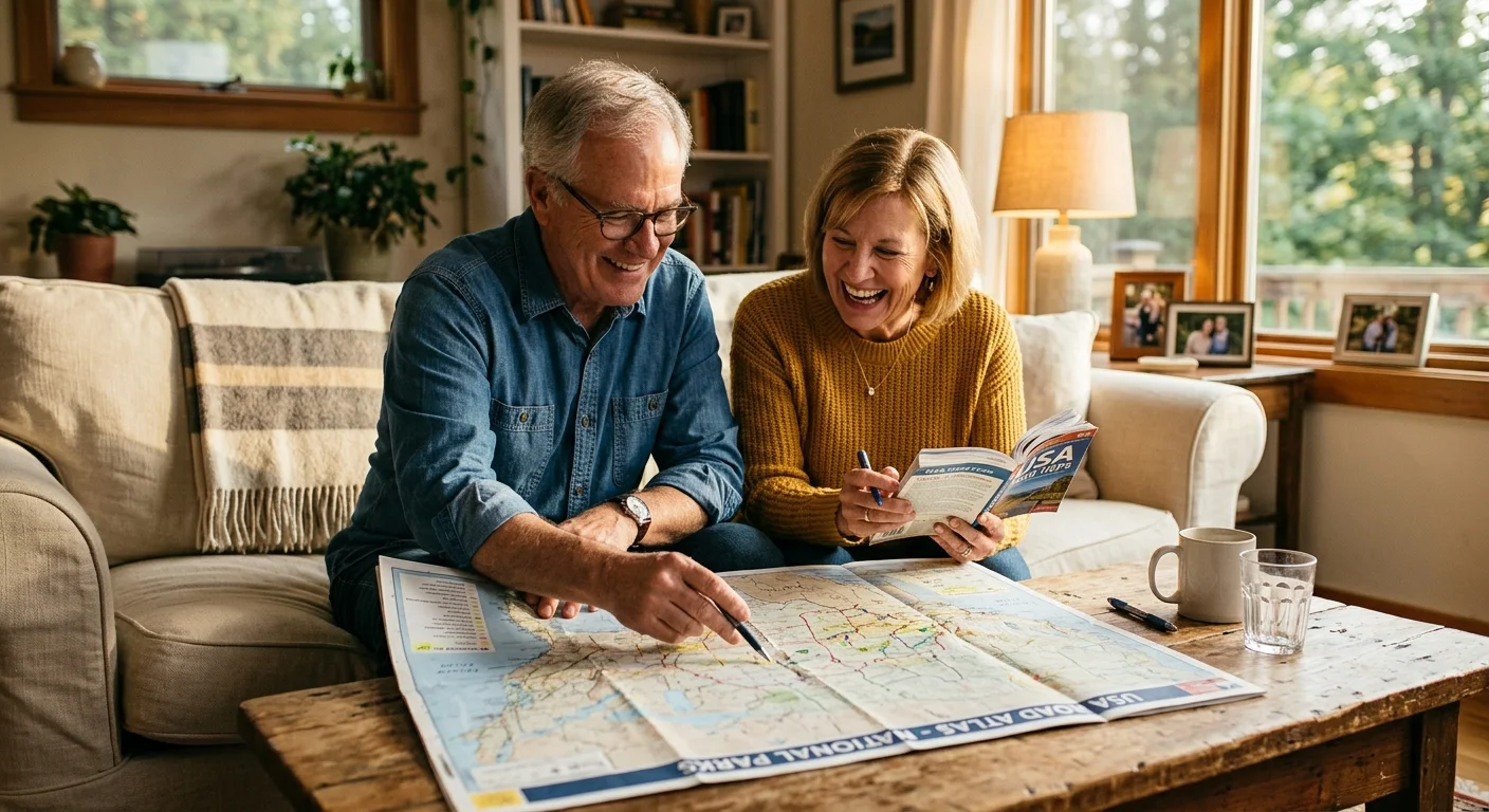 A senior couple smiles while planning a road trip with a paper map on a wooden coffee table in a sunlit living room.