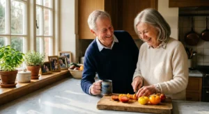 A senior couple smiles while preparing food in a sunlit kitchen, conveying a peaceful and financially secure retirement lifestyle.