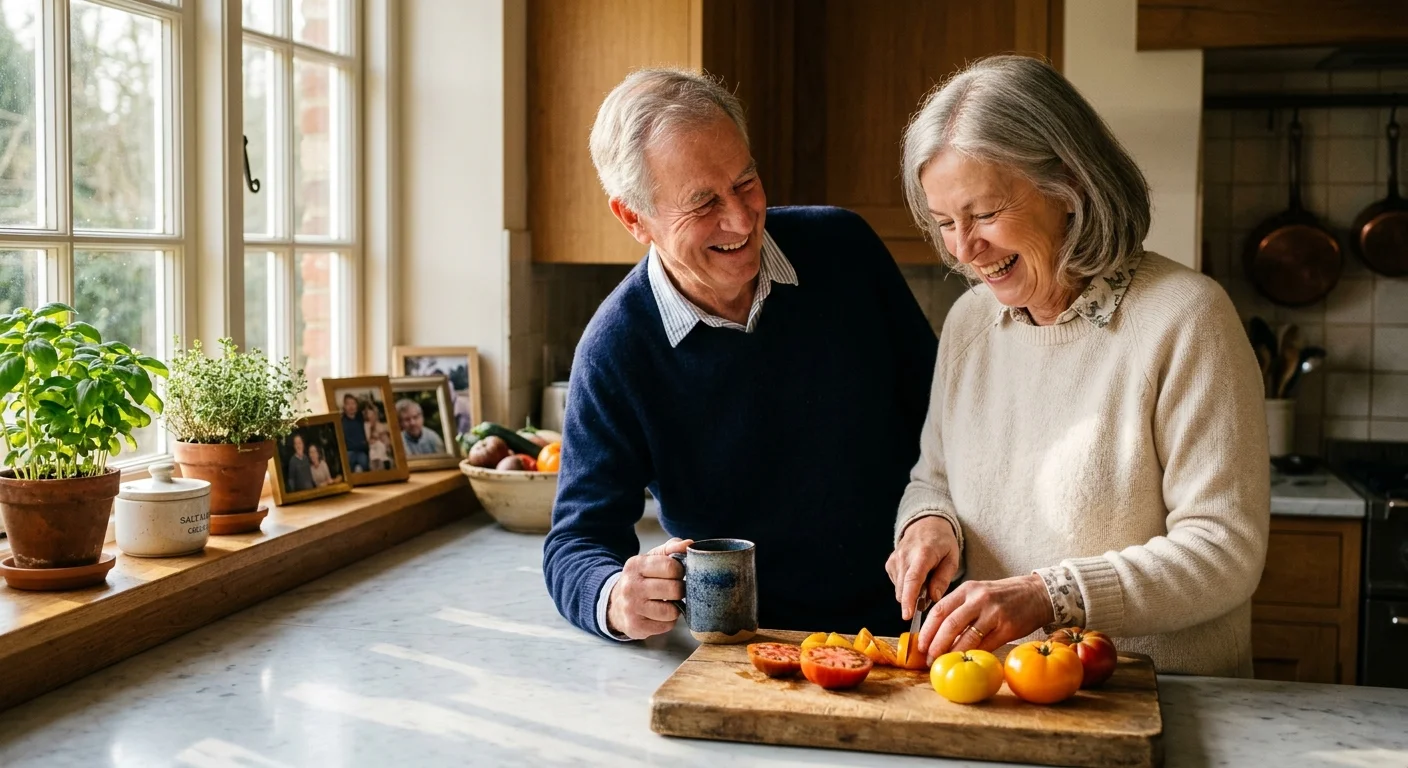 A senior couple smiles while preparing food in a sunlit kitchen, conveying a peaceful and financially secure retirement lifestyle.