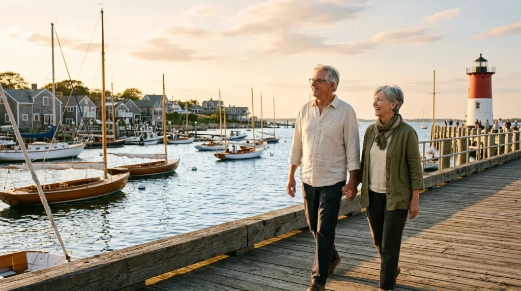 A senior couple walks along a sunny harbor boardwalk at sunset, representing a happy, peaceful retirement in a coastal town.