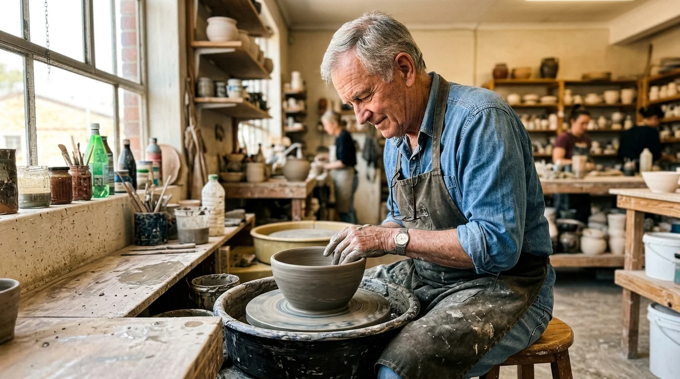 A senior man focuses happily on shaping a clay bowl on a pottery wheel in a bright community art studio.