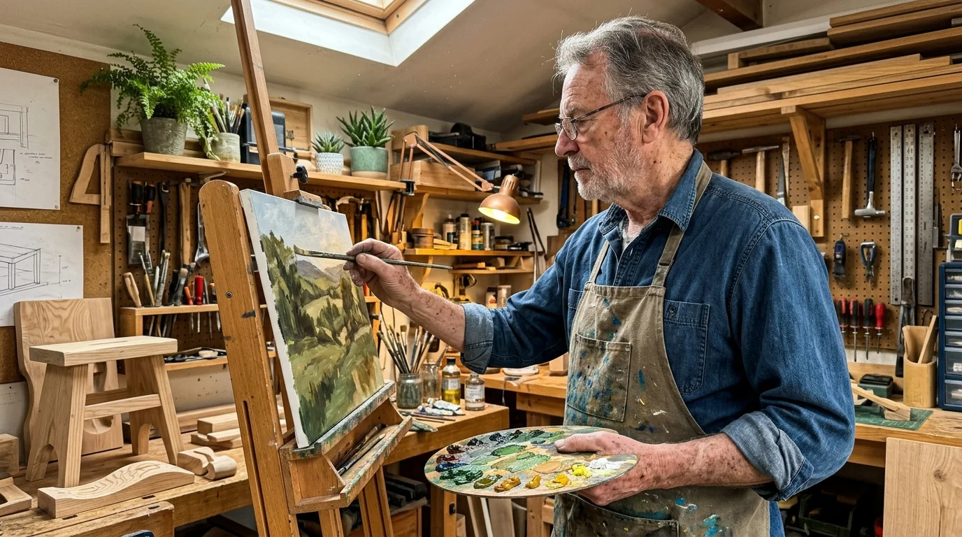 A senior man in an apron working on an oil painting in a sunlit garage workshop filled with tools and plants.