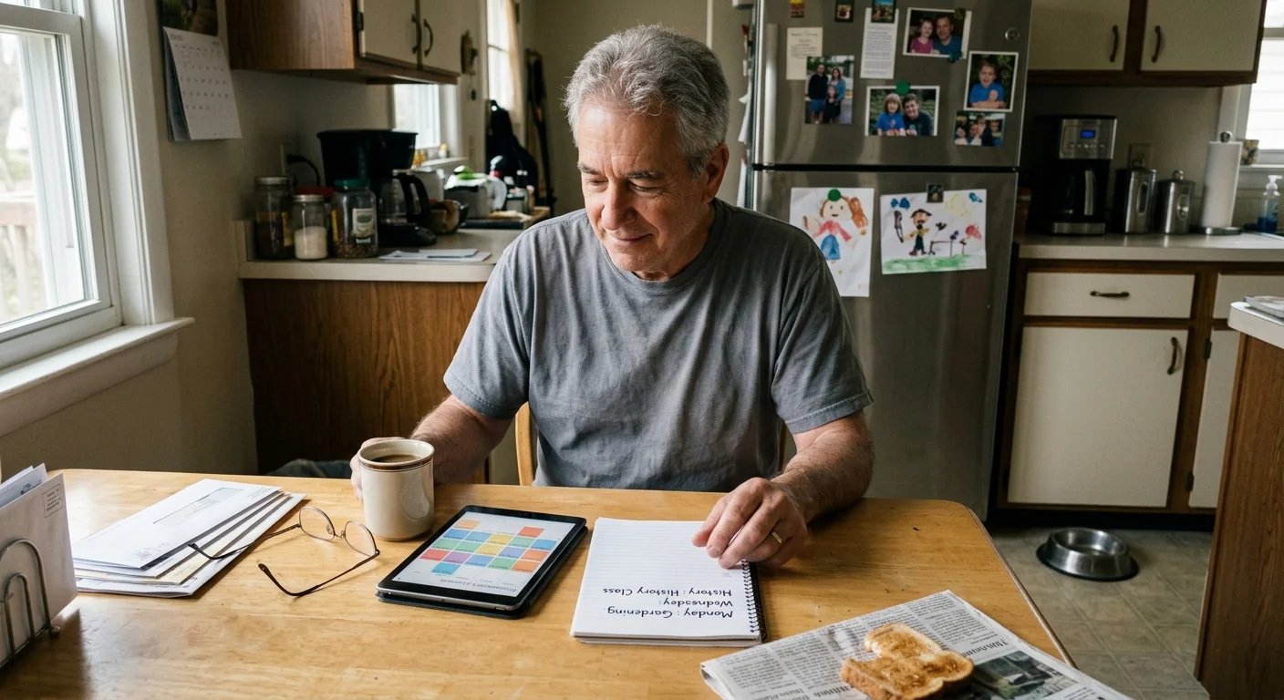 A senior man plans his weekly routine on a tablet at his kitchen table, with a hand-written calendar nearby.