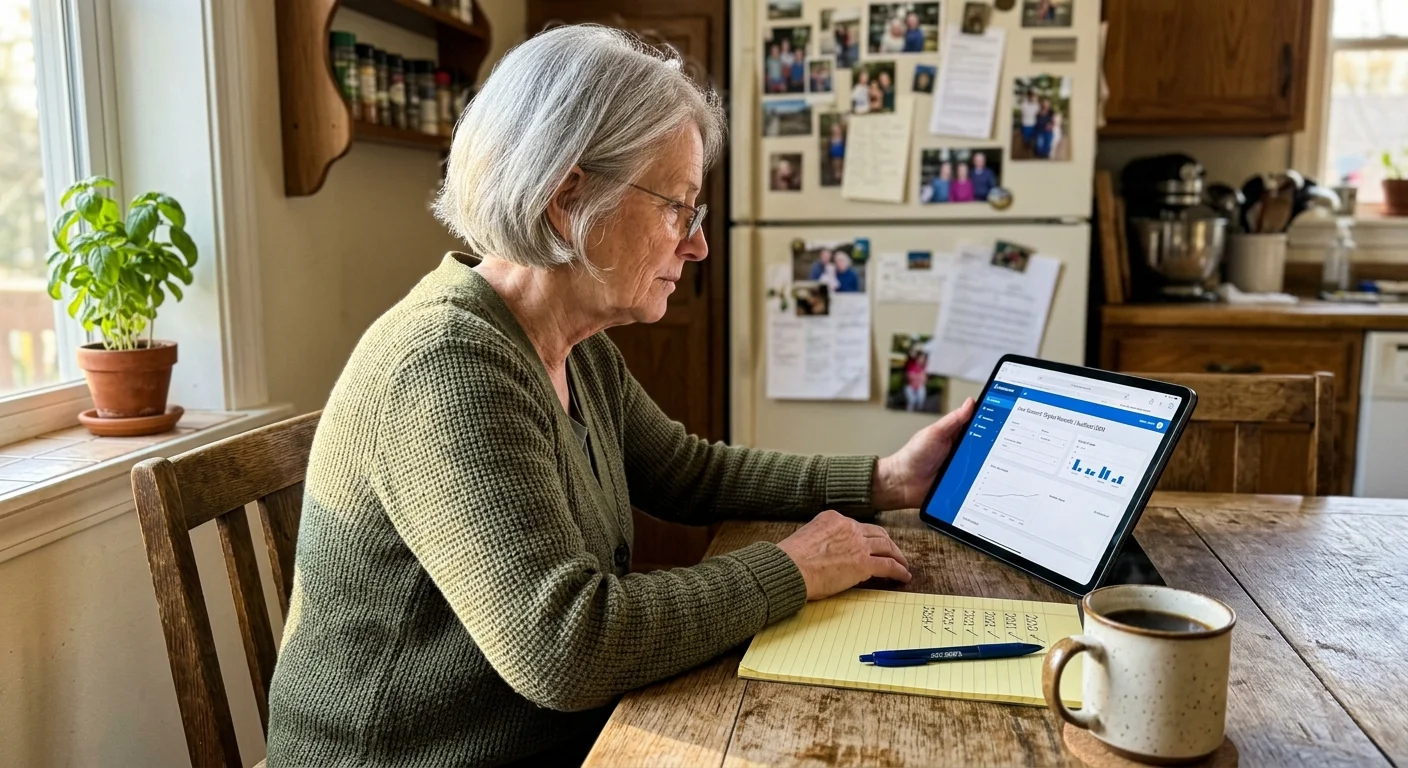 A senior woman checks her retirement records on a tablet at her sunlit kitchen table, holding a pen next to a notepad.