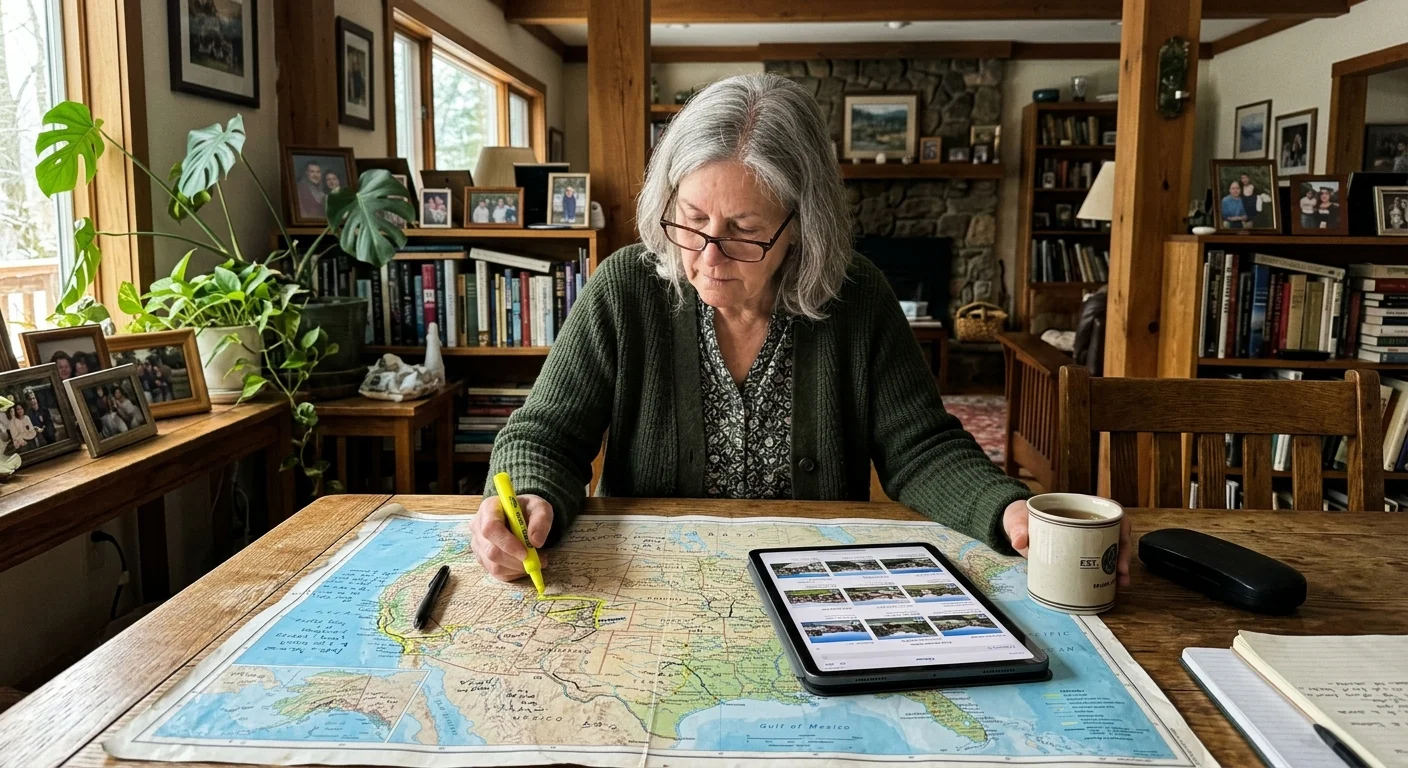 A senior woman examines a physical map and tablet at her dining table, showing the personal side of retirement relocation planning.