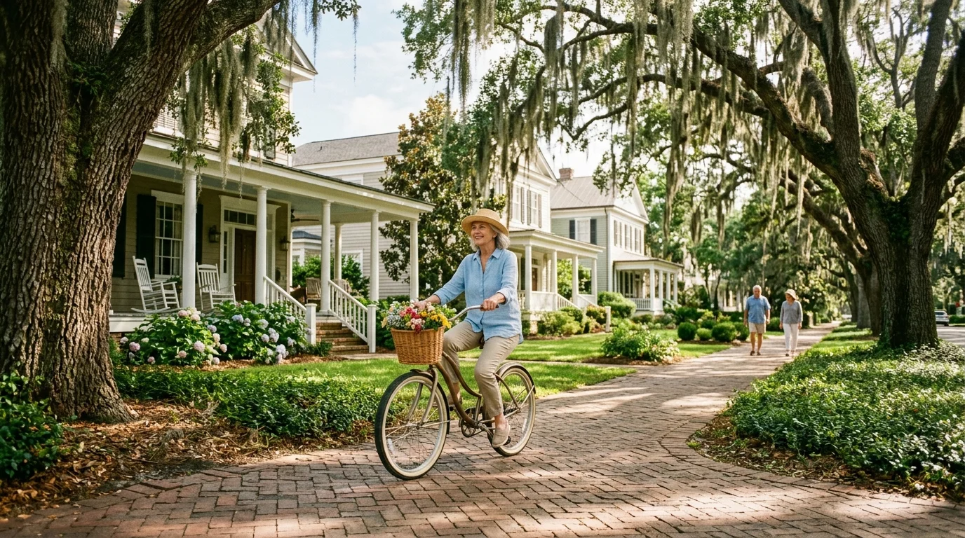 A senior woman rides a bicycle down a historic, tree-lined street in a peaceful Southern town.