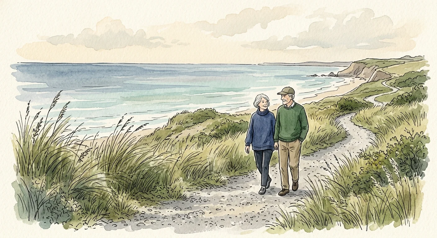 A soft ink and watercolor illustration of two seniors walking along a peaceful coastal path overlooking a slate-blue ocean.