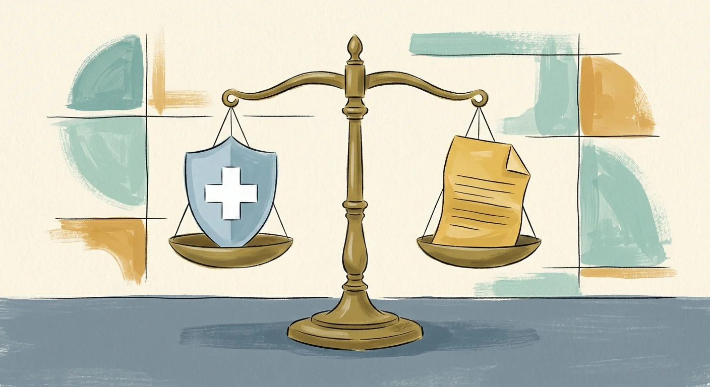 A stylized gouache illustration of a brass scale balancing a blue medical cross shield and a golden document.
