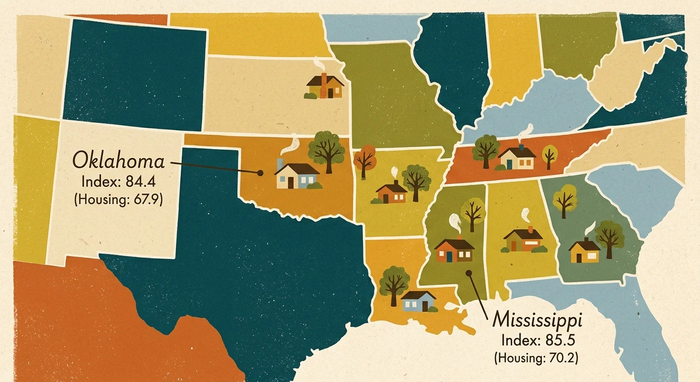A stylized gouache map highlighting Oklahoma and Mississippi with their respective cost of living and housing indices.