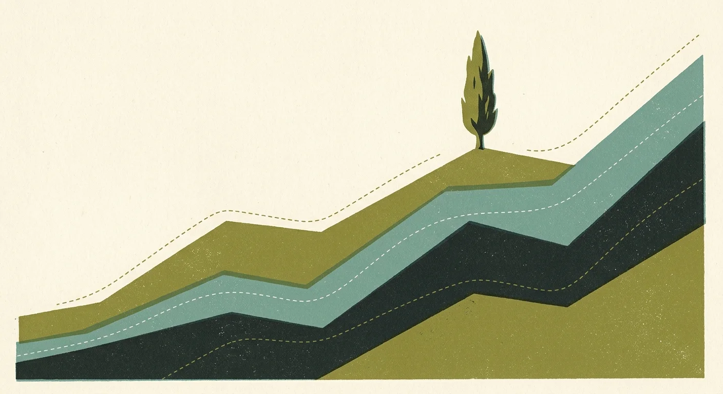 A stylized screenprint illustration of rising geometric ridges and a single cypress tree, symbolizing navigating costs in retirement.