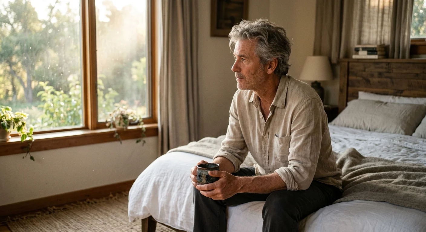 A thoughtful older man sitting on the edge of his bed in the morning sun, holding a warm mug.