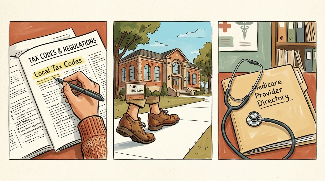 A three-panel illustration representing local tax codes, walking paths to a library, and a Medicare provider directory.