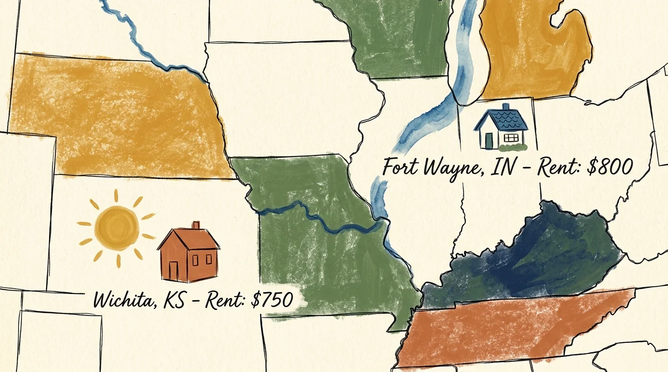 A warm gouache illustration showing stylized homes in Fort Wayne, Indiana and Wichita, Kansas, with their affordable average rent prices.