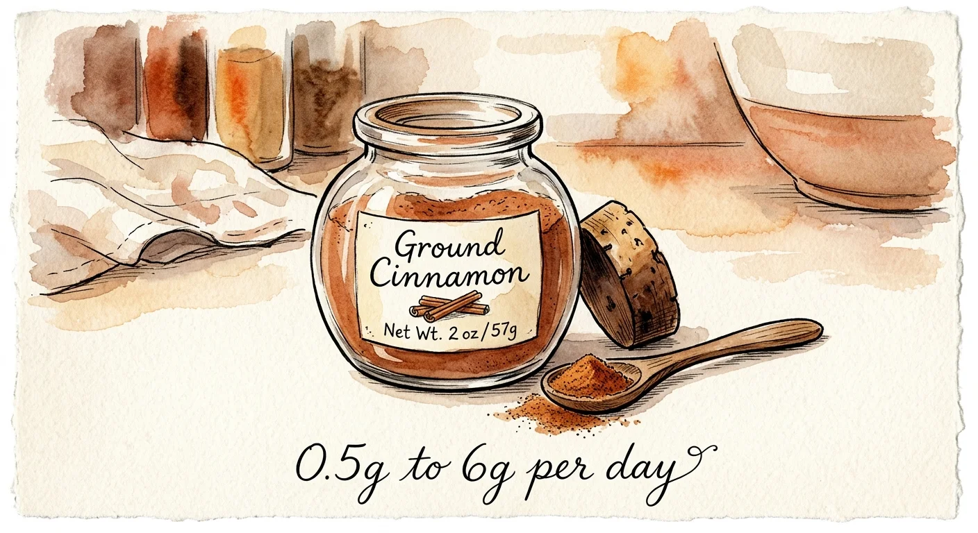 A watercolor illustration of a ground cinnamon jar, a wooden spoon, and a spilled pile of spice with the text '0.5g to 6g per day'.