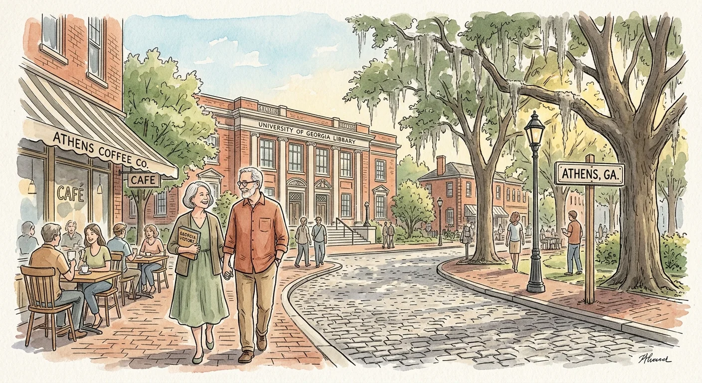 A watercolor illustration of a senior couple walking down a historic street in Athens, Georgia.
