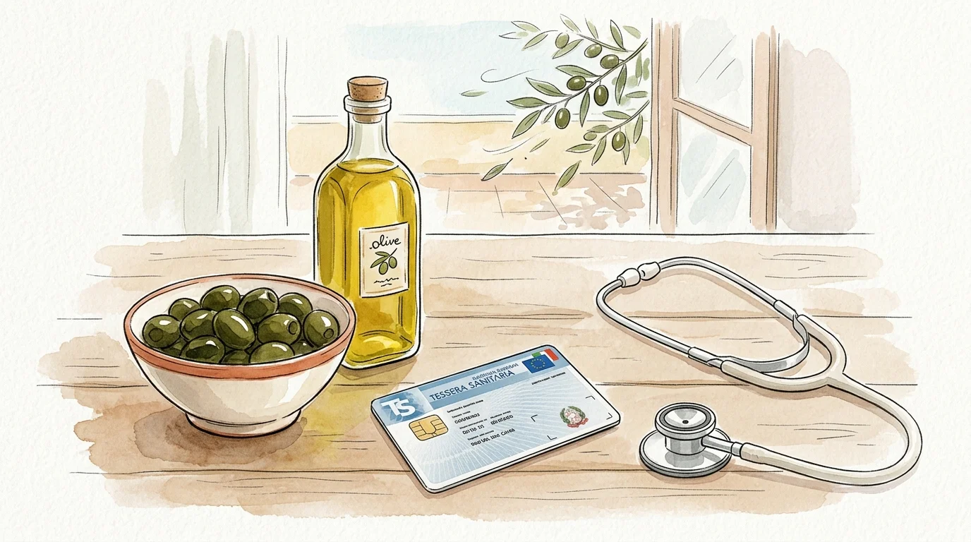 A watercolor illustration of olive oil, fresh olives, and an Italian health card representing Mediterranean wellness.