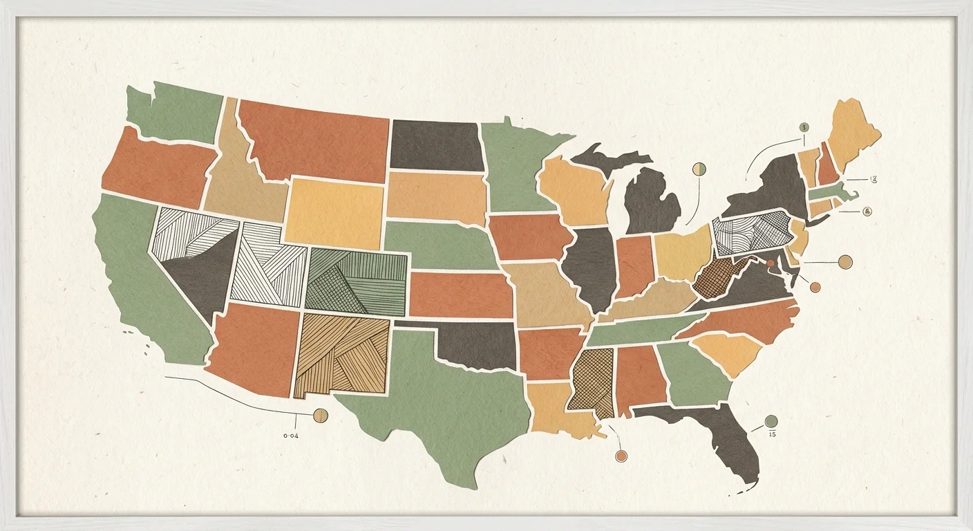 Abstract cut-paper collage showing stylized geographic shapes in earth tones, representing state-level differences.