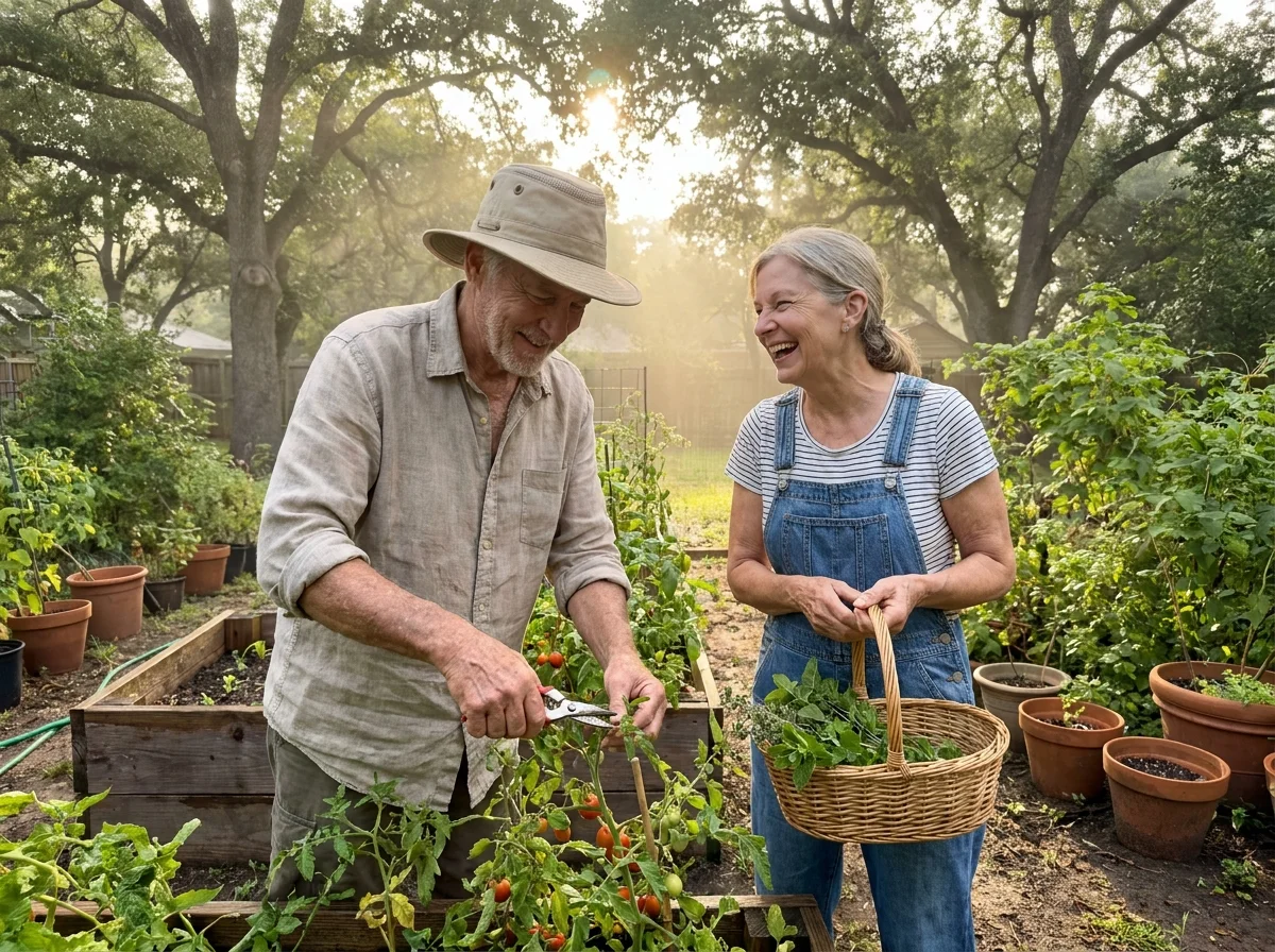 An active senior couple happily gardening together in their shaded backyard during the cool early morning hours.
