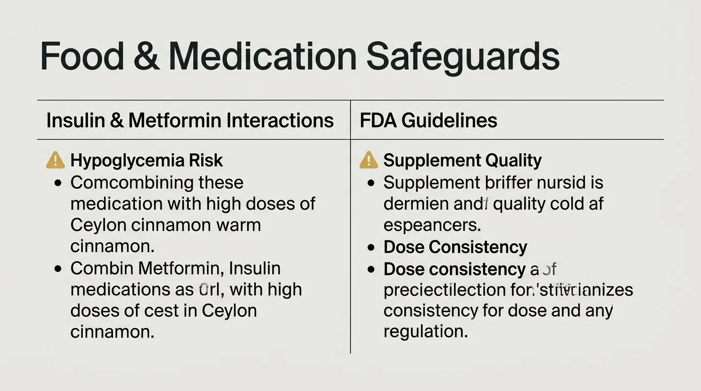 An editorial checklist diagram highlighting food-drug interactions and FDA guidelines for safe supplementation.