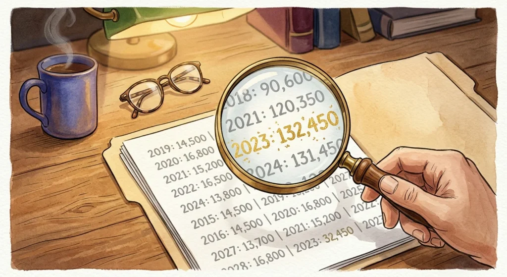 An editorial illustration of a hand holding a magnifying glass over a financial document, revealing glowing gold numbers on a wood desk.