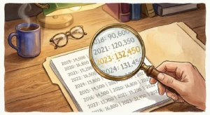 An editorial illustration of a hand holding a magnifying glass over a financial document, revealing glowing gold numbers on a wood desk.