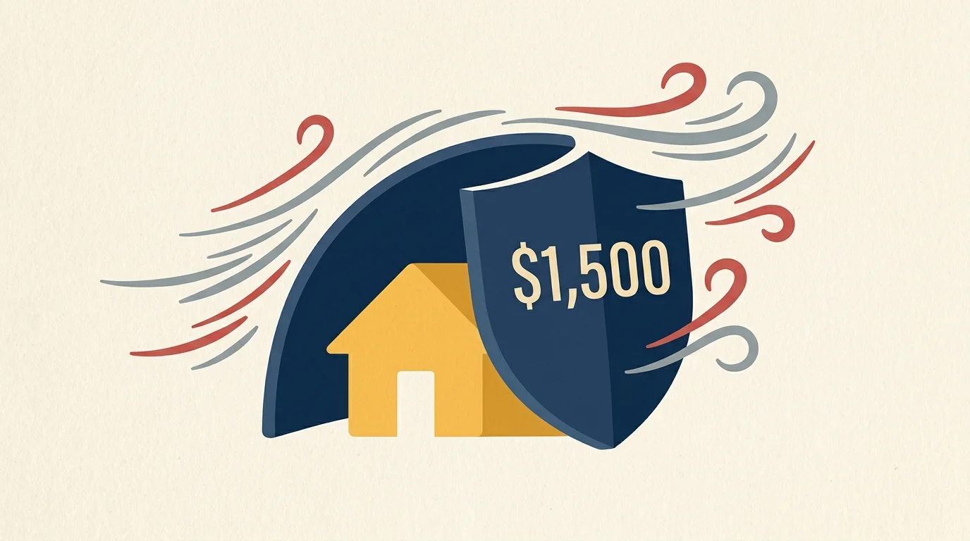 An editorial illustration of a stylized house protected under a shield labeled $1,500, sheltering it from wind representing inflation.