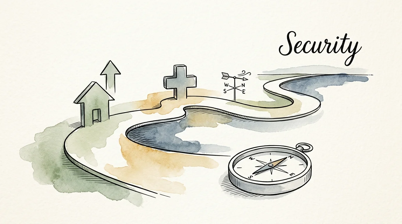 An editorial ink and watercolor illustration of a path winding past symbols of housing and medical costs toward security.