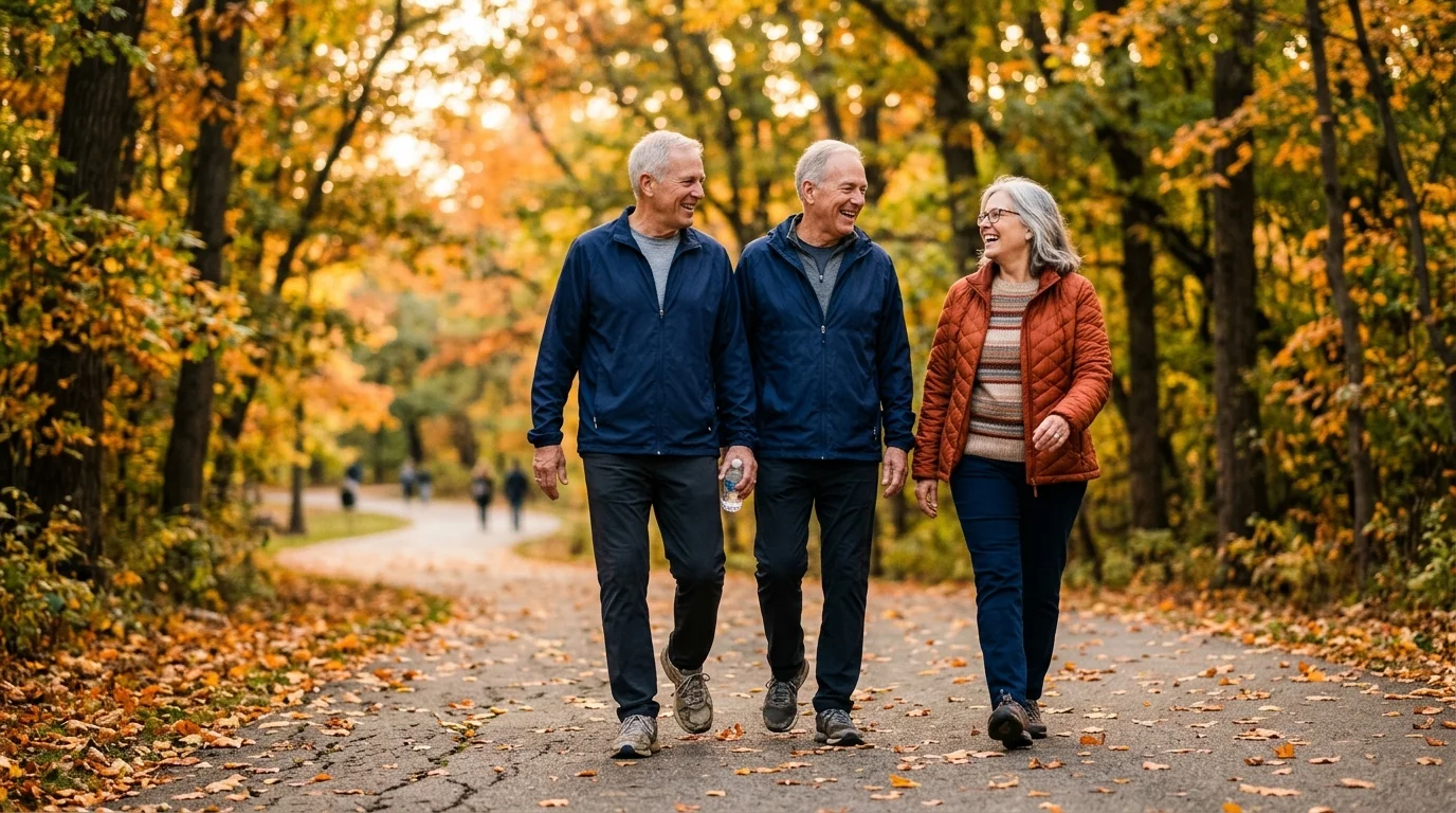 An editorial photograph of an active senior couple walking along a sunlit park path during autumn.