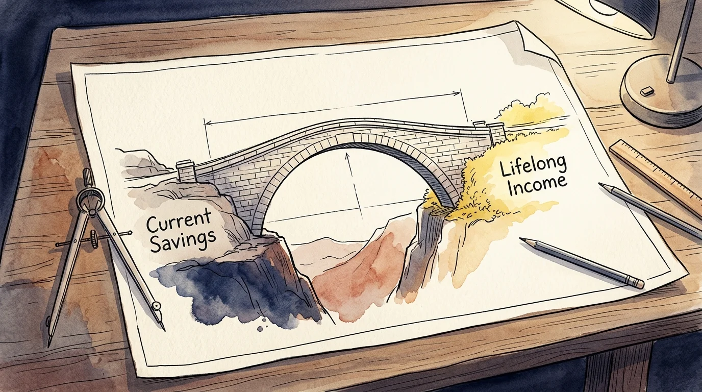 An editorial watercolor illustration of a blueprint showing a stone bridge connecting savings to life-long income.