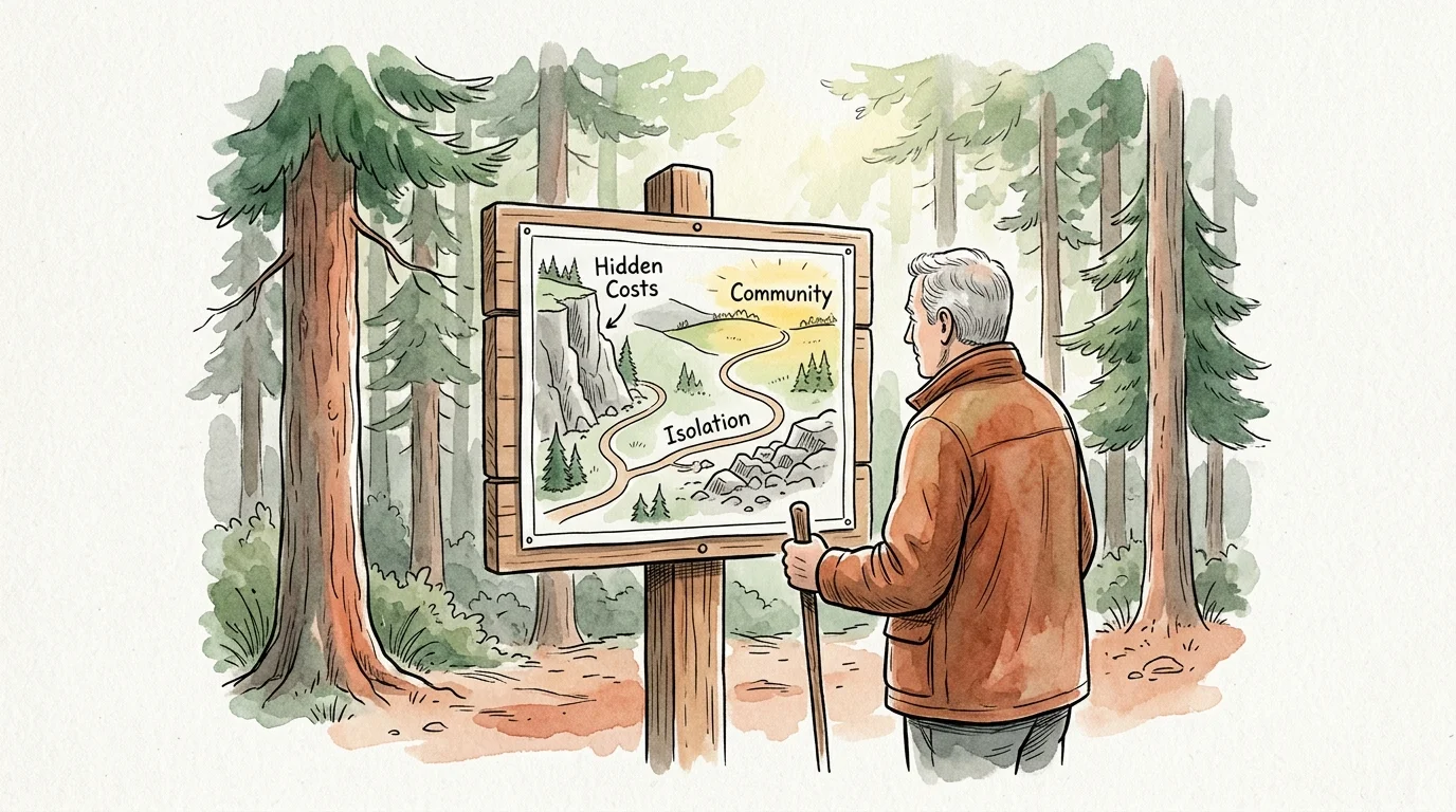 An editorial watercolor illustration of a hiker studying a trail map that steers past hidden costs toward community.