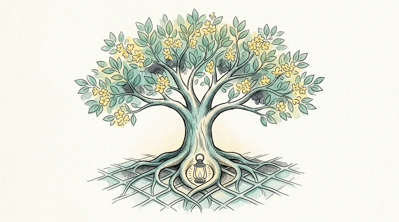 An editorial watercolor illustration of a thriving tree with roots integrated into a supportive grid, symbolizing health security.