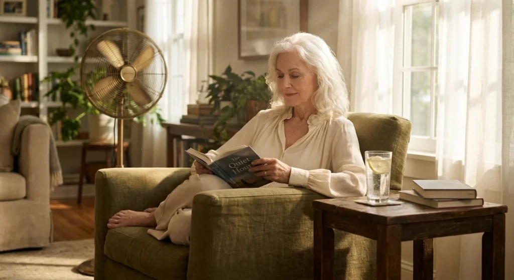 An elderly woman relaxes safely indoors during summer, reading a book next to a cool glass of water and a vintage fan.