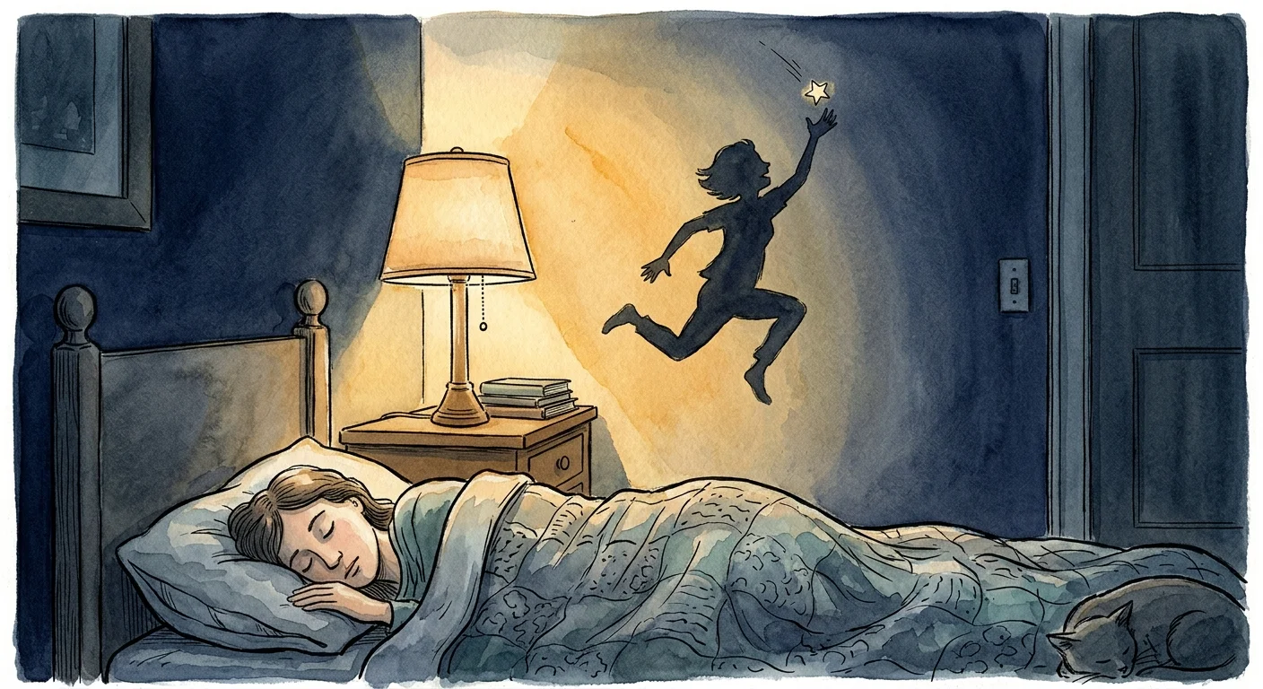 An elegant watercolor illustration of a sleeping person with an active, dreaming shadow cast on the wall.