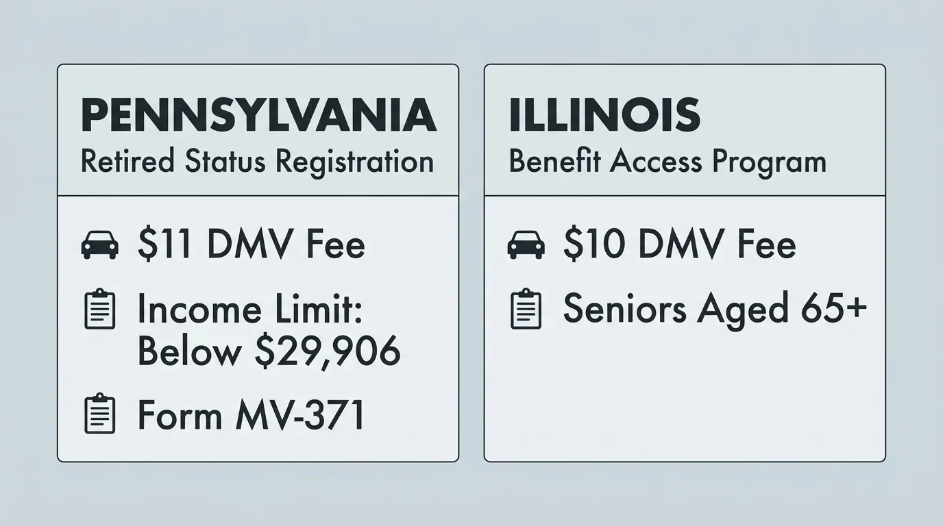 An infographic comparing vehicle registration discounts in Pennsylvania and Illinois with exact fee details.