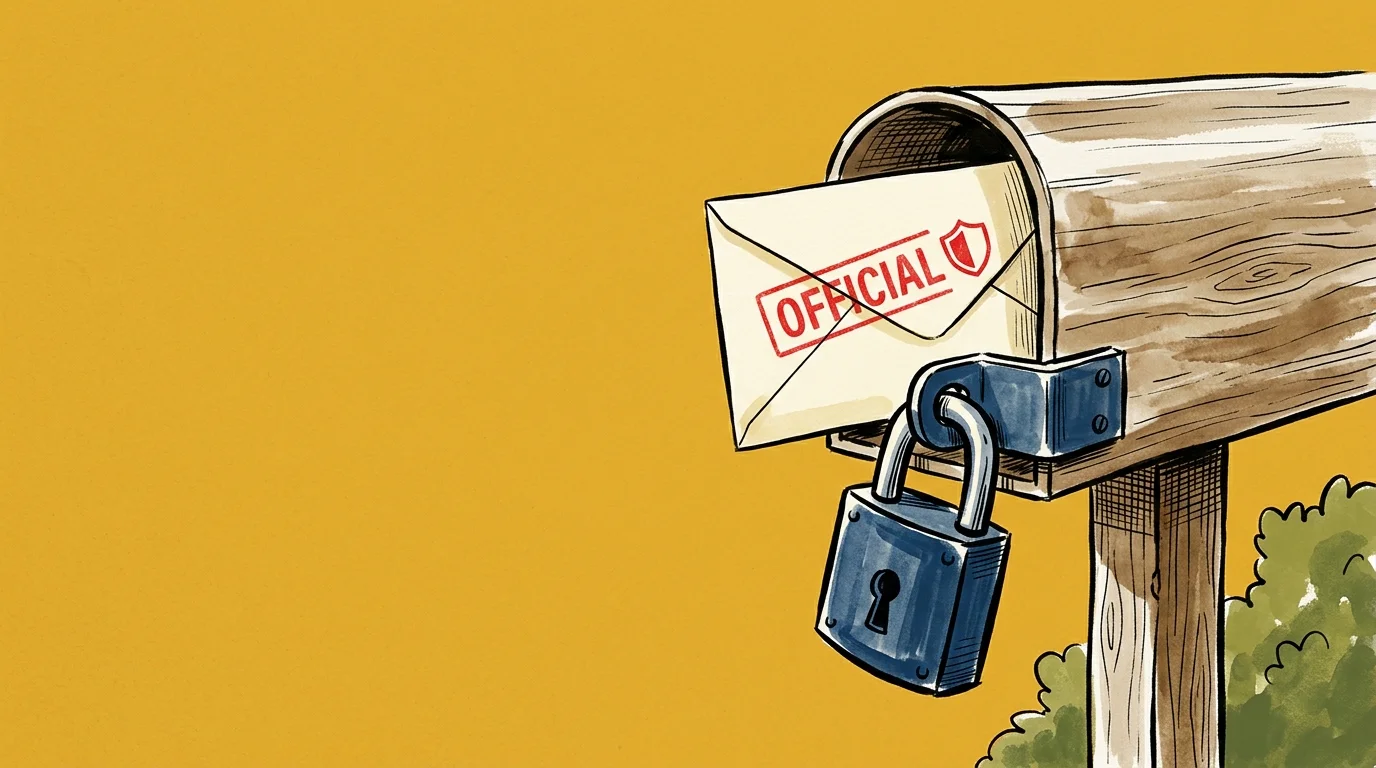 An ink and gouache illustration of a secure mailbox with a warning stamp, symbolizing protection against DMV scams.