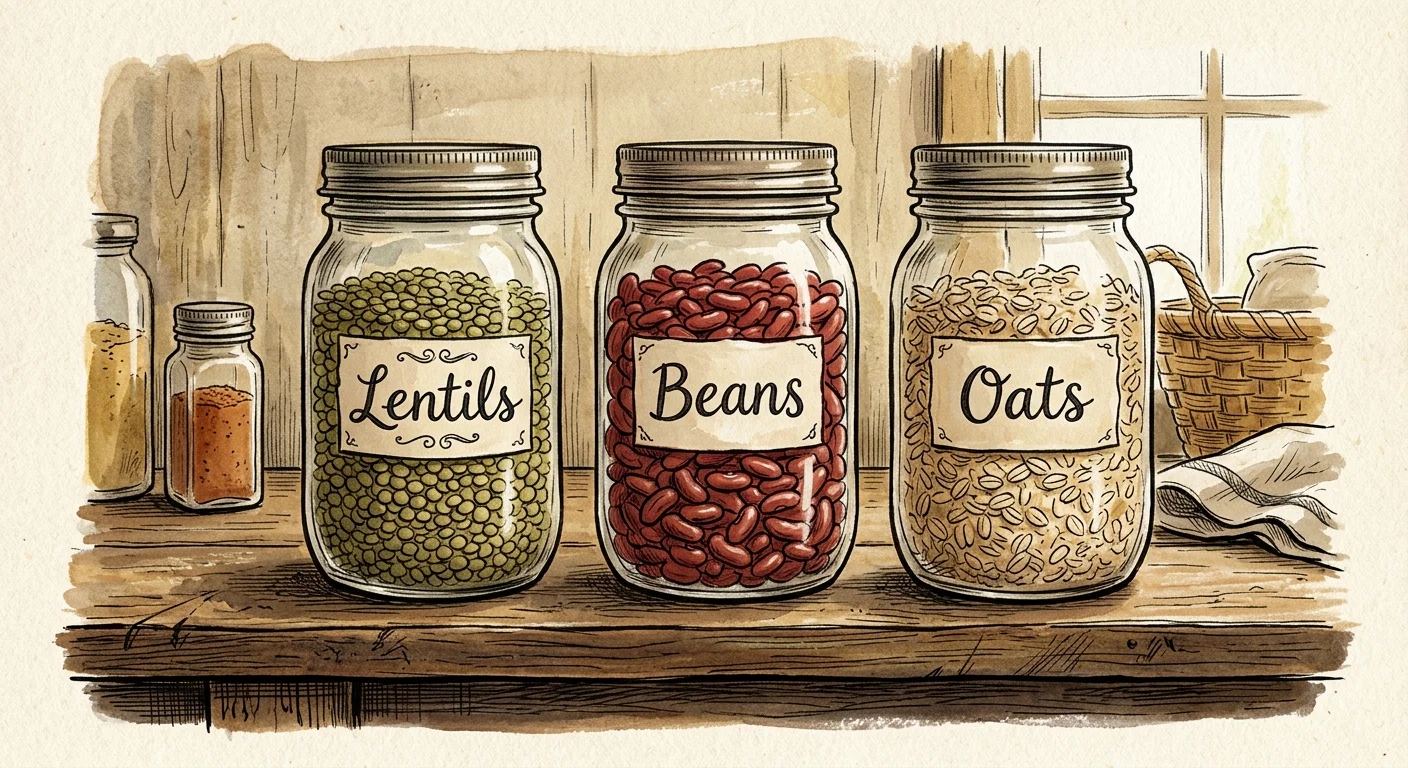 An ink and gouache illustration of glass pantry jars filled with lentils, beans, and rolled oats, labeled in clean hand-lettering.