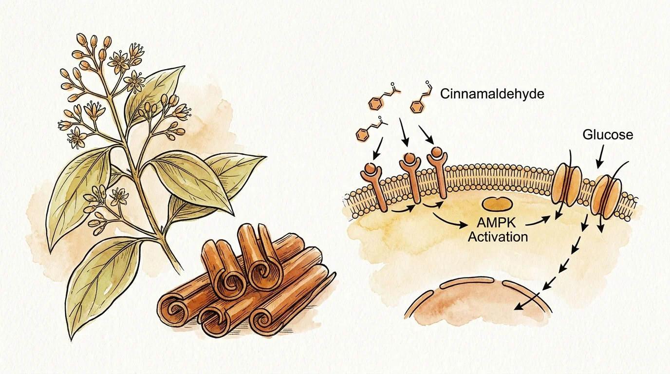 An ink and watercolor botanical illustration of Ceylon cinnamon next to a simple cellular glucose uptake diagram.