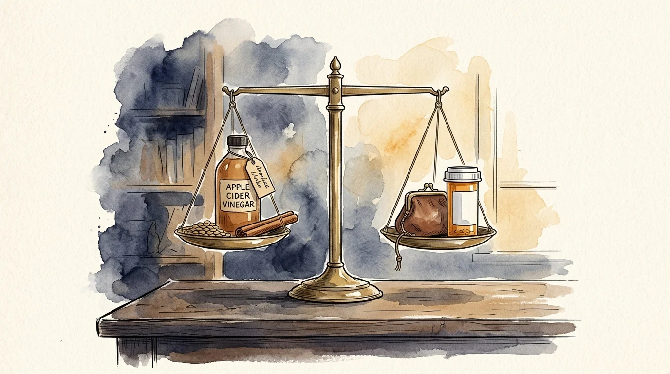 An ink and watercolor illustration of a balance scale weighing whole foods on one side and a coin purse on the other.
