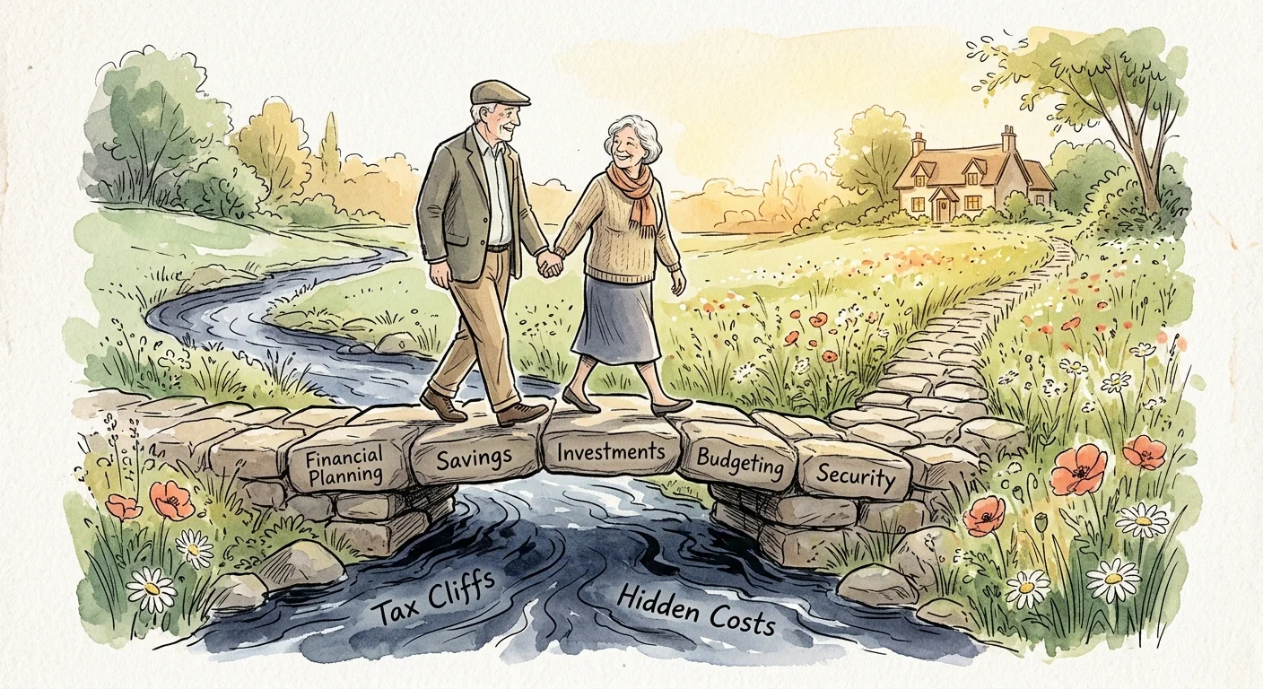 An ink and watercolor illustration of a couple walking across a stone path over a stream labeled with tax cliffs and hidden costs.
