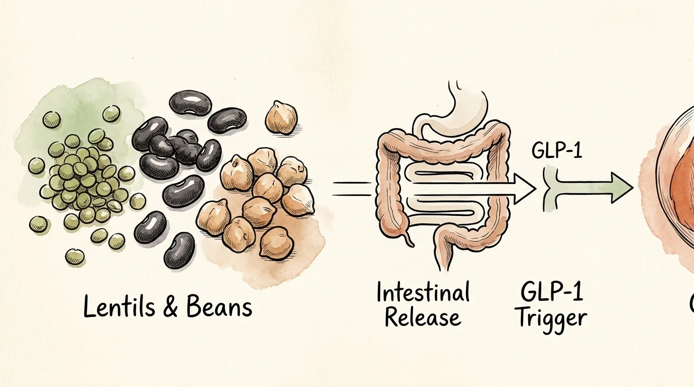 An ink and watercolor illustration tracking how lentils and beans trigger the digestive system's GLP-1 hormone receptors.