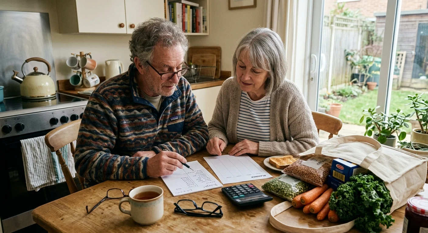 An older couple casually reviewing their grocery budget together at a sunny kitchen table filled with wholesome, affordable ingredients.