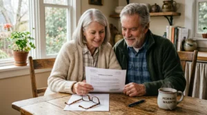 An older couple sitting at a wooden kitchen table, looking over tax documents with warm, hopeful expressions in morning light.