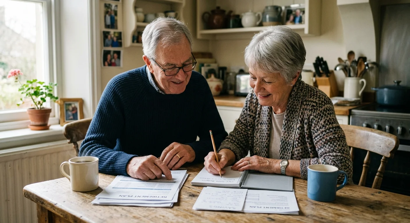 An older couple sitting at a wooden kitchen table reviewing paperwork together with a notebook and coffee mugs.