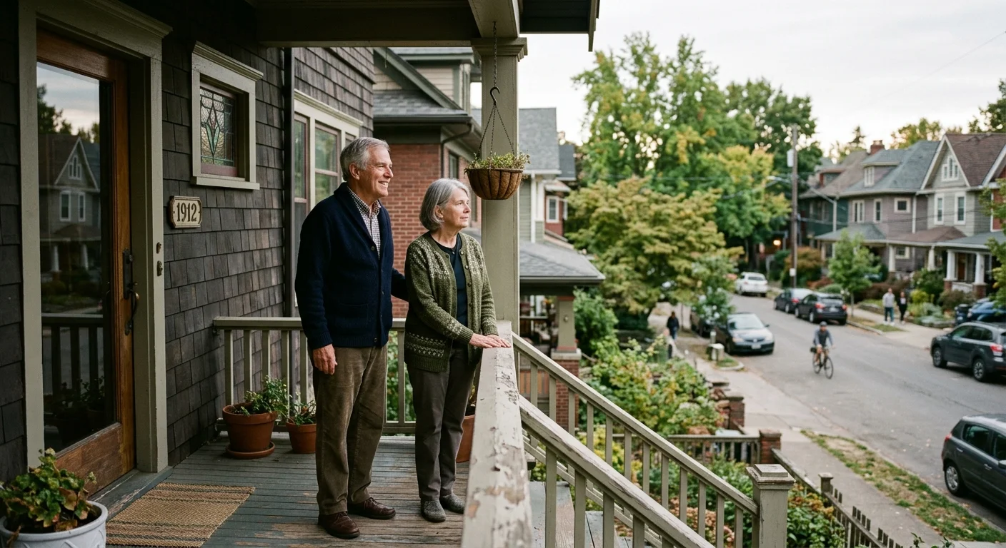 An older couple standing on the porch of a historic college-town house, looking out thoughtfully.