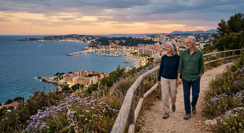 An older couple walks along a scenic coastal trail at twilight overlooking a high-end coastal city, representing affluent retirement.