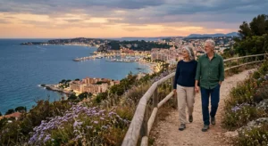 An older couple walks along a scenic coastal trail at twilight overlooking a high-end coastal city, representing affluent retirement.