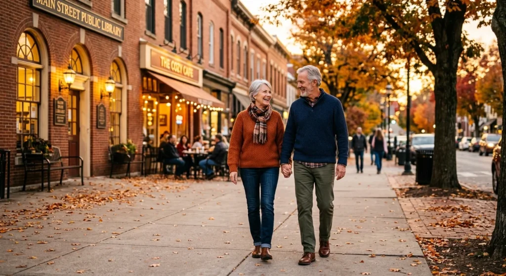 An older couple walks hand-in-hand down a charming, tree-lined main street of a historic mid-sized town during sunset.
