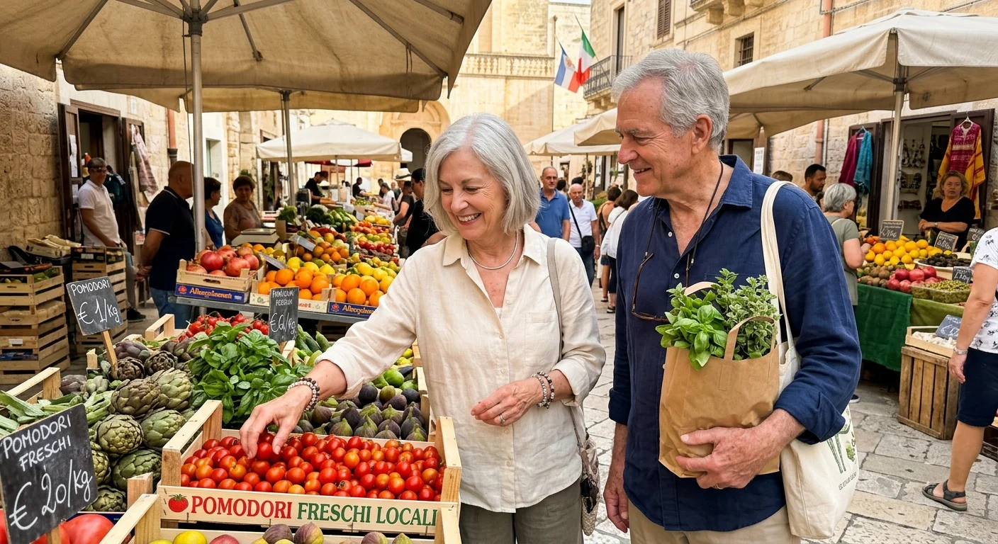 An older expat couple selects fresh produce at a sunny, open-air local market in Italy.