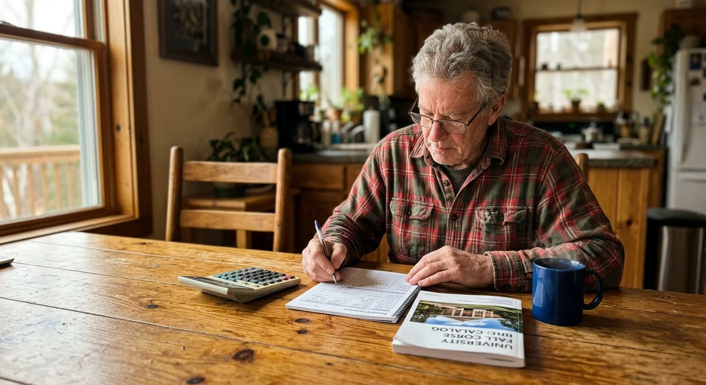 An older man at a wooden kitchen table reviewing his retirement budget next to a university course catalog.