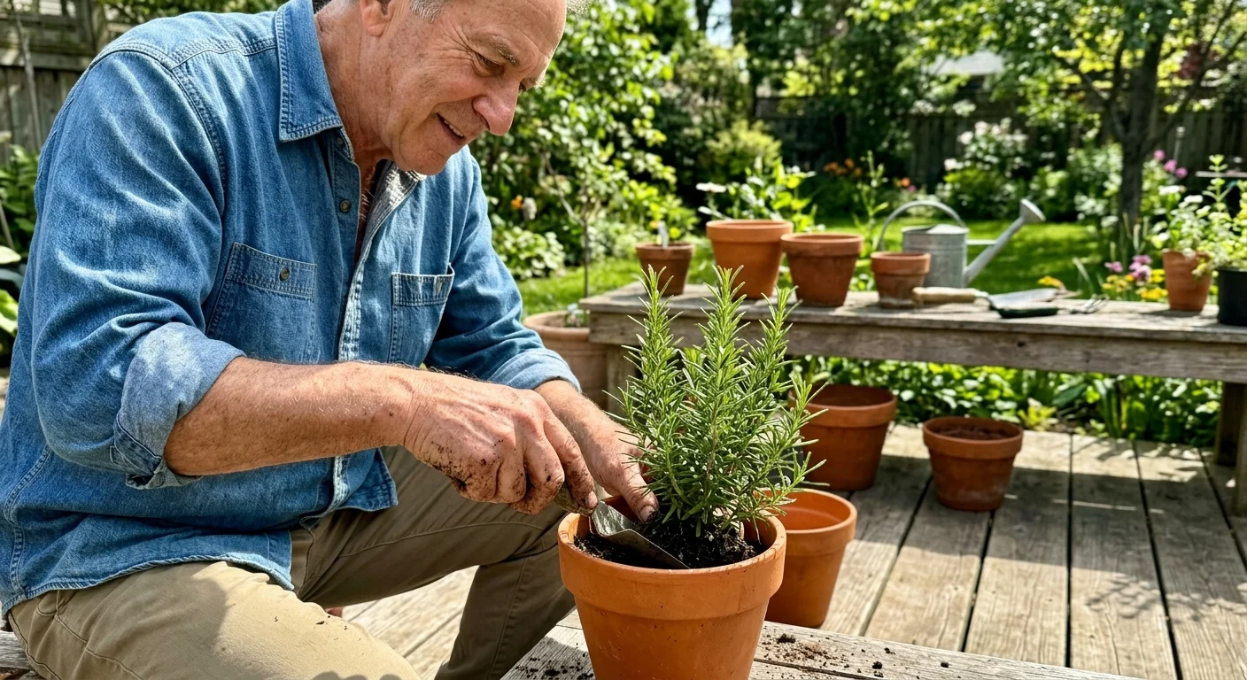 An older man candidly photographed repotting a rosemary plant on a sunny wooden deck, focusing on his hands and the gardening tools.